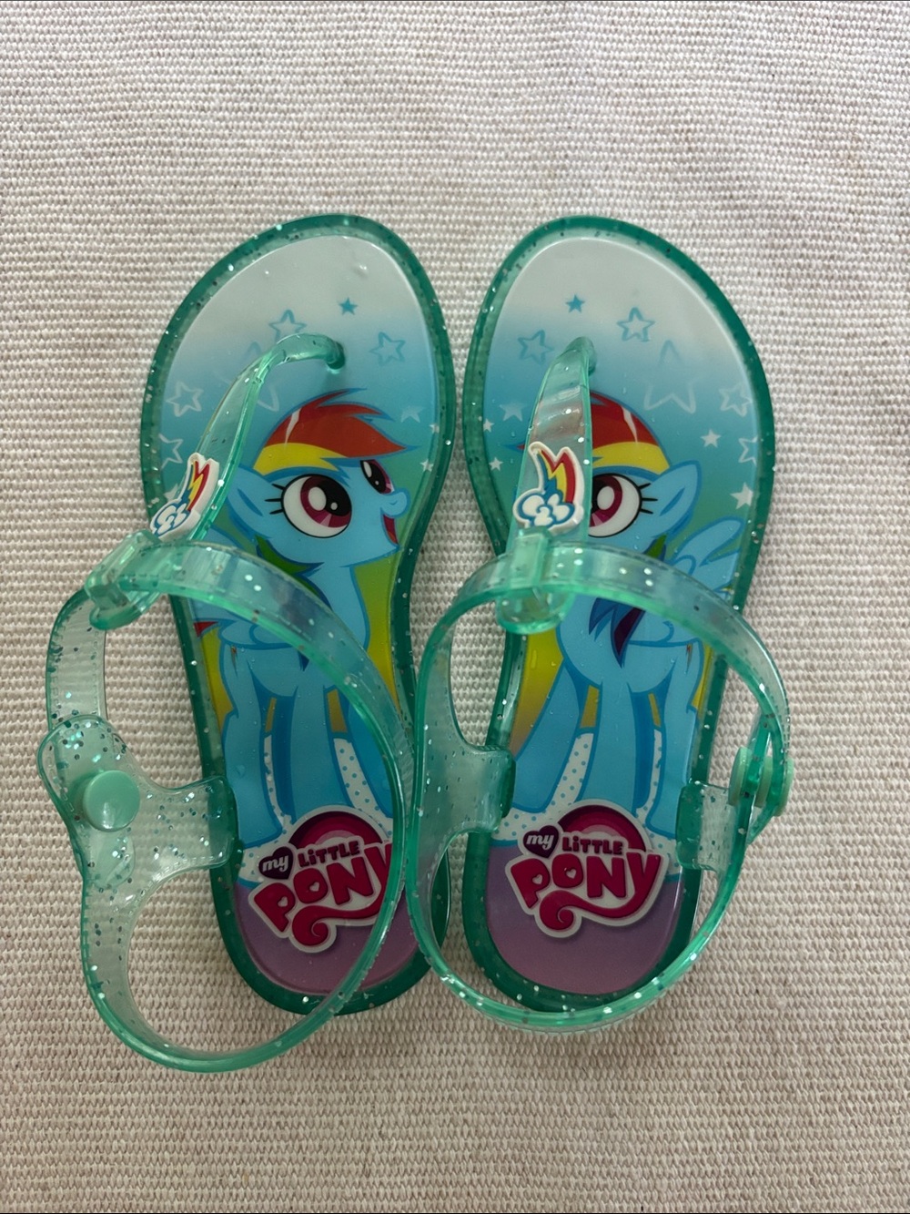 My Little Pony Green Teal Glitter Jelly Sandals with Rainbow Dash 11/12 XL